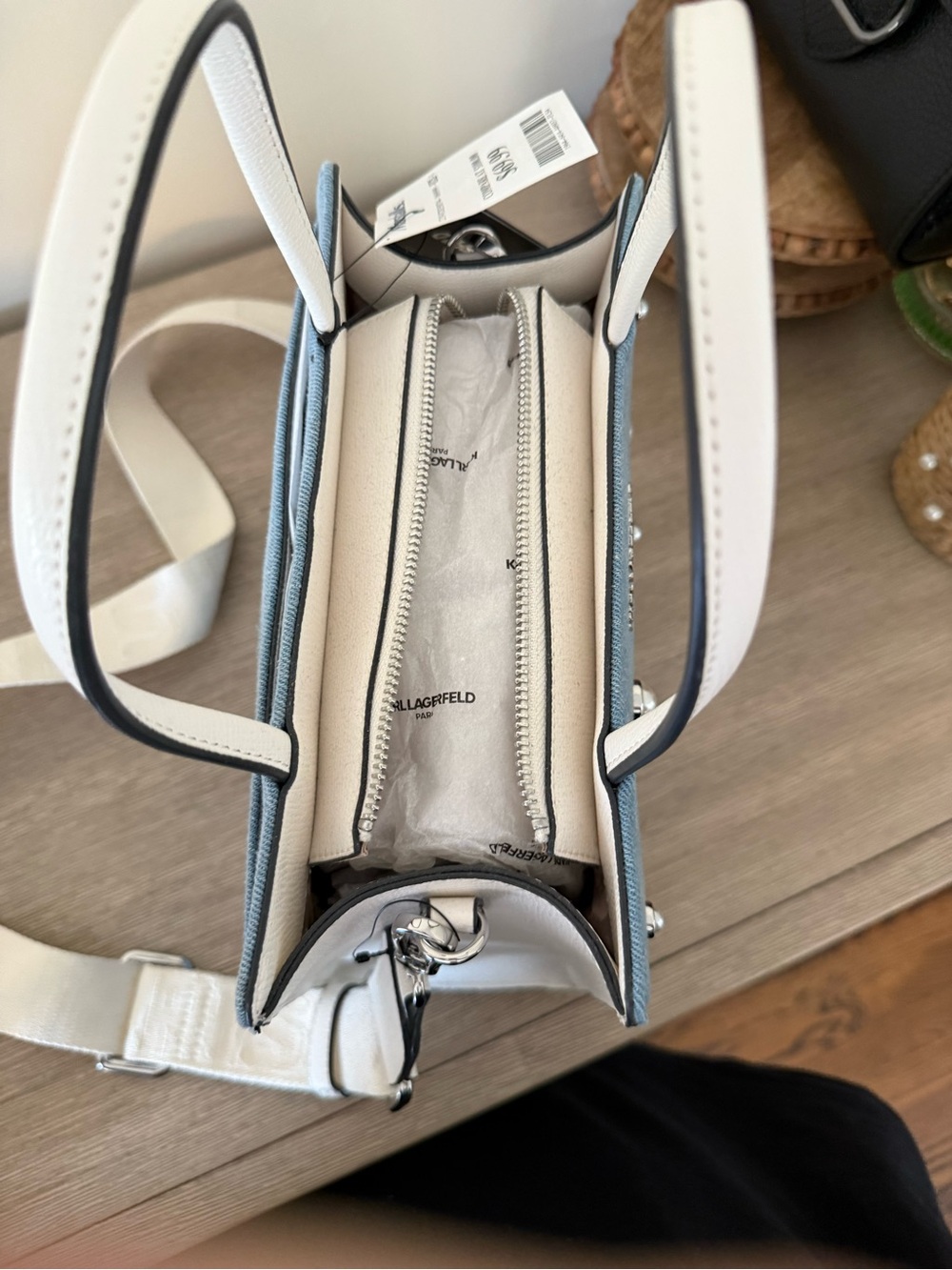 Karl Lagerfeld Denim Satchel with Pearl Stud Accents and White Handles - Picture 4 of 5